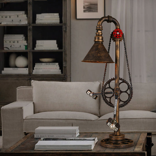 Industrial Cone Table Lamp With Bicycle-Inspired Design In Aged Brass Antique