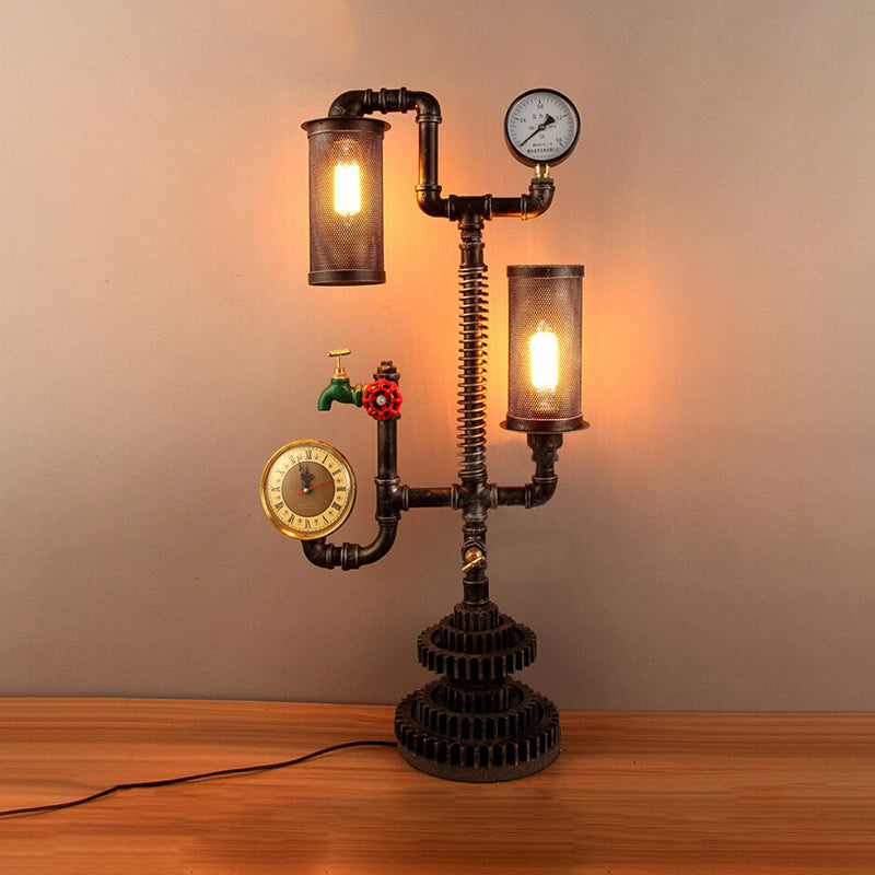 Steampunk Table Lamp With Cylindrical Mesh Shade - Industrial Style Aged Silver Finish 2 Lights