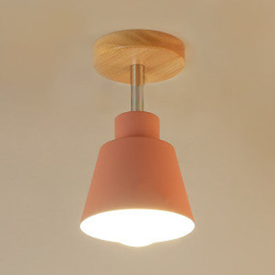 Sleek Conic Bedroom Pendant Light: Contemporary Metal, Gray/Pink Ceiling Lighting with Wooden Canopy