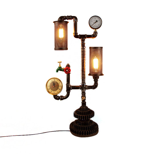 Steampunk Table Lamp With Cylindrical Mesh Shade - Industrial Style Aged Silver Finish 2 Lights