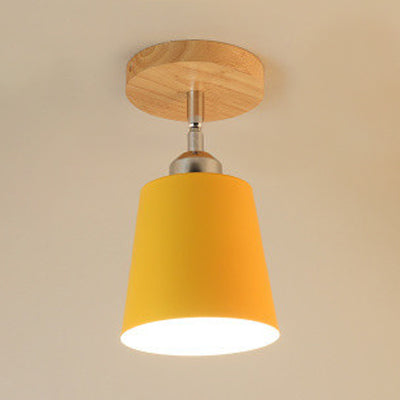 Yellow/Pink Macaron Metal Semi-Flush Bedroom Ceiling Light with Tapered Design & 1 Bulb