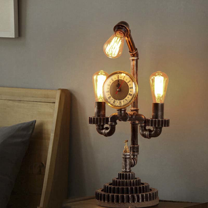 Vintage Metal Bedroom Table Lamp With Gear Design Clock And 3-Light Black Standing Lighting