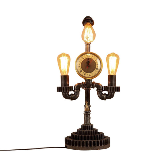 Vintage Metal Bedroom Table Lamp With Gear Design Clock And 3-Light Black Standing Lighting