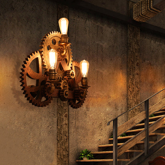 Rustic Metal Wall Sconce Lighting - 3 Bulbs Gear Light Fixture For Coffee Shop