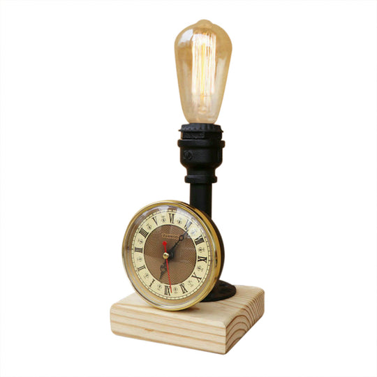 Industrial Metal Table Lamp With Clock And Wood Base - Black Finish