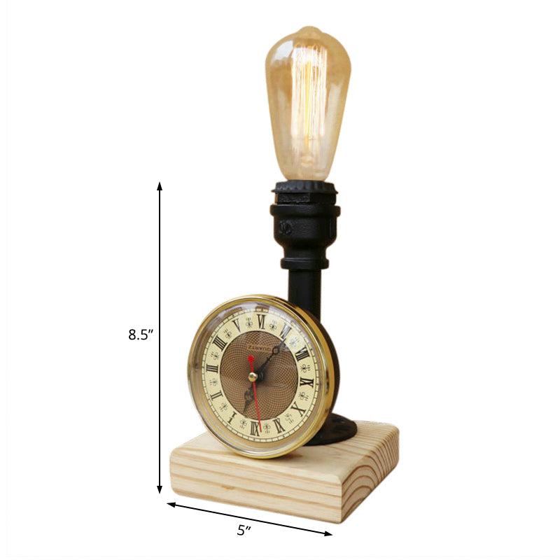 Industrial Metal Table Lamp With Clock And Wood Base - Black Finish