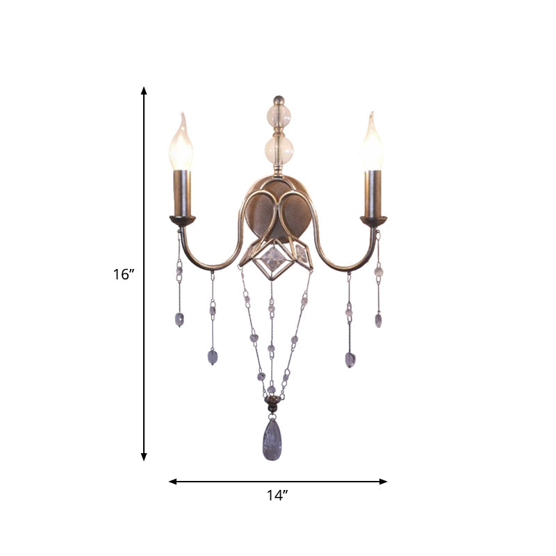 Silver Rustic Metal Candle Wall Sconce With Crystal Bracelet Décor - 2 Head Living Room Lighting