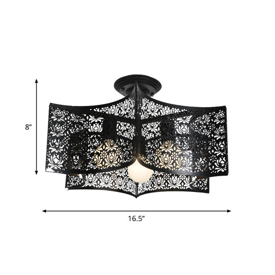 Floral Etched Black Ceiling Flush: Elegant Iron Semi Mount Lighting For Rural Living Room - 3 Lights