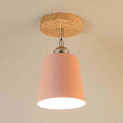 Yellow/Pink Macaron Metal Semi-Flush Bedroom Ceiling Light with Tapered Design & 1 Bulb