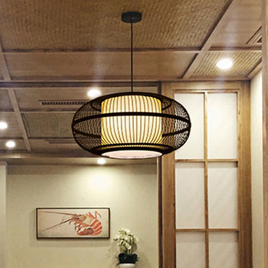 Chinese Bamboo Pendant Lamp with Ancient Town Print, Black Oval Ceiling Hanging Lantern, 19.5"/23.5" W