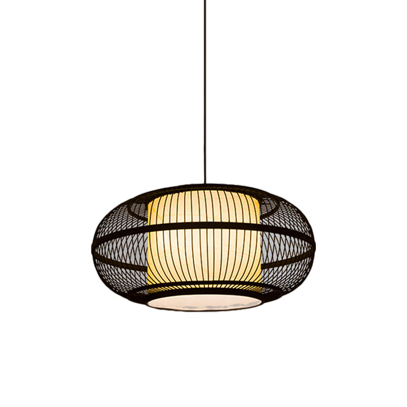 Chinese Bamboo Pendant Lamp with Ancient Town Print, Black Oval Ceiling Hanging Lantern, 19.5"/23.5" W