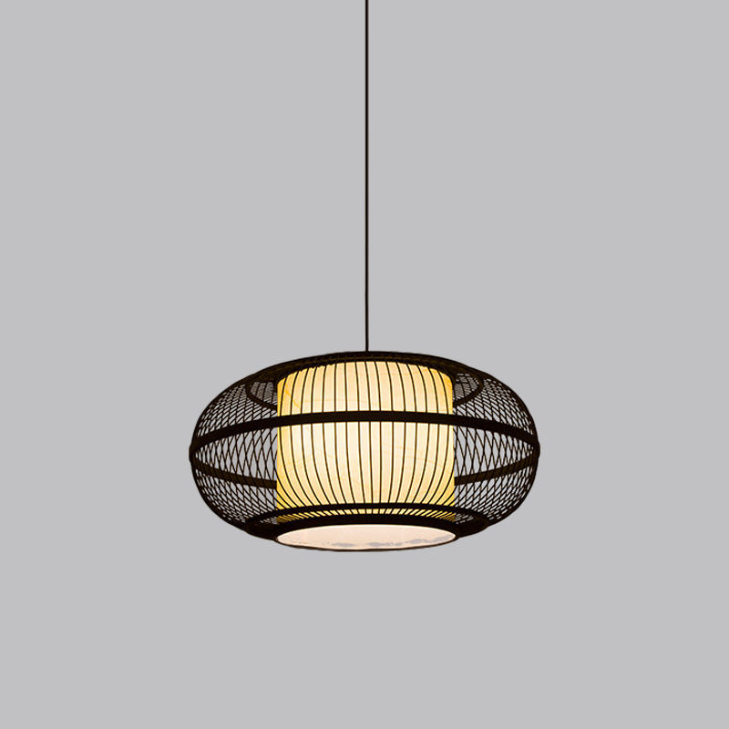 Chinese Bamboo Pendant Lamp with Ancient Town Print, Black Oval Ceiling Hanging Lantern, 19.5"/23.5" W