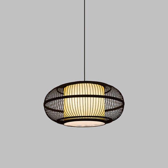 Chinese Bamboo Pendant Lamp with Ancient Town Print, Black Oval Ceiling Hanging Lantern, 19.5"/23.5" W