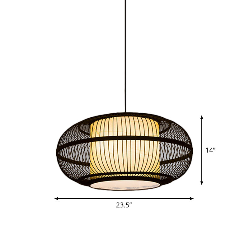 Chinese Bamboo Pendant Lamp with Ancient Town Print, Black Oval Ceiling Hanging Lantern, 19.5"/23.5" W