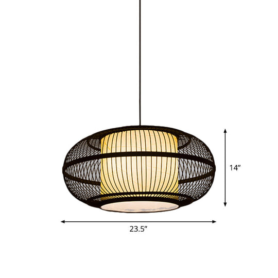 Chinese Bamboo Pendant Lamp With Ancient Riverside Town Print - Black Oval Ceiling Hanging Lantern