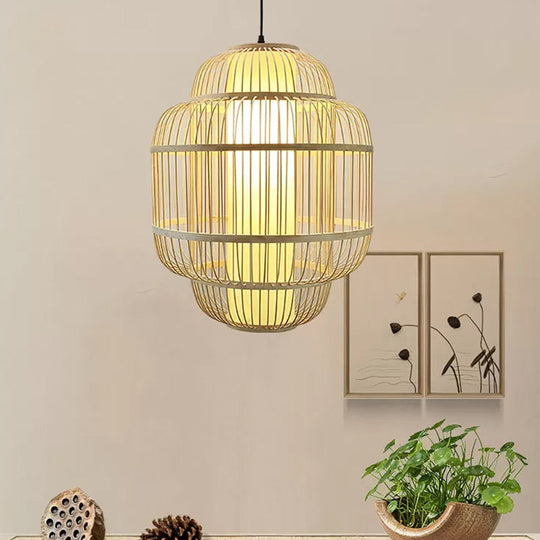 Asian Bamboo Lantern Pendant Light - 1-Light Beige Down Lighting for Dining Room - Available in 3 Sizes