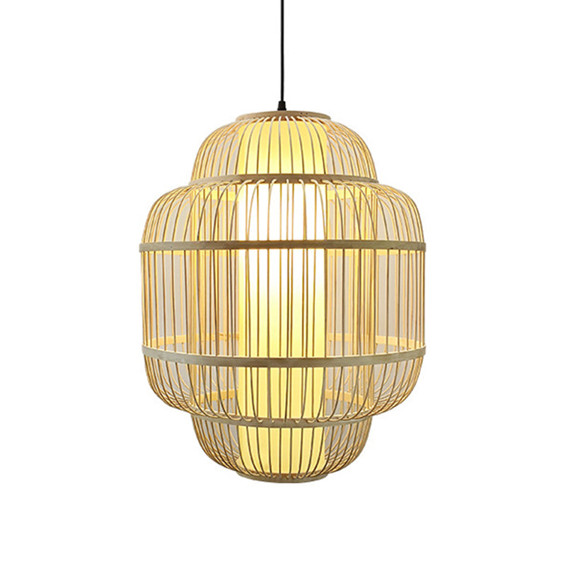 Asian Bamboo Lantern Pendant Light - 1-Light Beige Down Lighting for Dining Room - Available in 3 Sizes