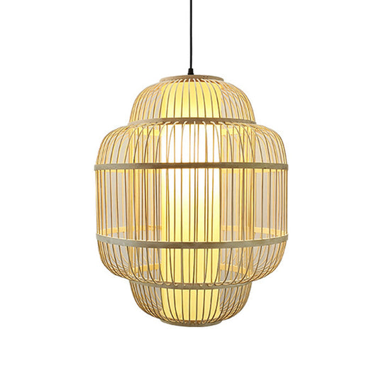 Asian Bamboo Lantern Pendant Light - 1-Light Beige Down Lighting for Dining Room - Available in 3 Sizes