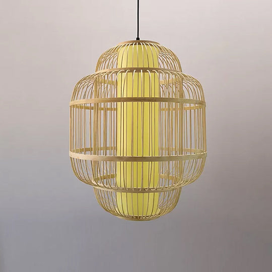 Asian Bamboo Lantern Pendant Light - 1-Light Beige Down Lighting for Dining Room - Available in 3 Sizes