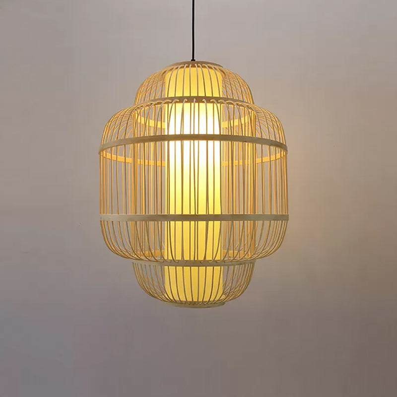 Asian Bamboo Lantern Pendant Light - 1-Light Beige Down Lighting for Dining Room - Available in 3 Sizes