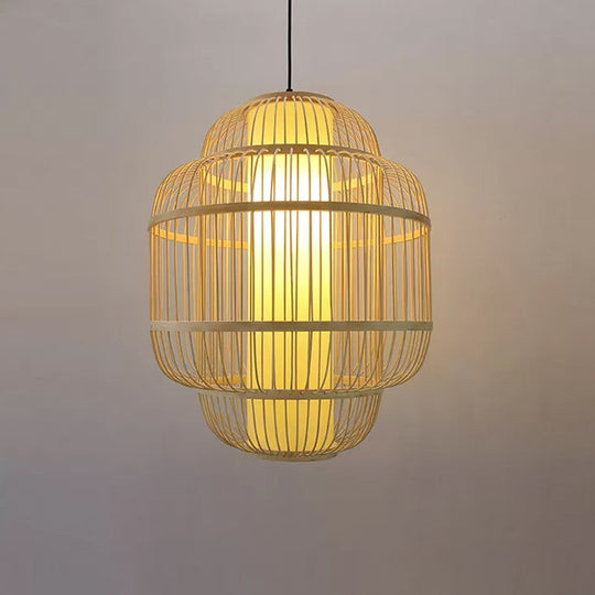 Asian Bamboo Lantern Pendant Light - 1-Light Beige Down Lighting for Dining Room - Available in 3 Sizes