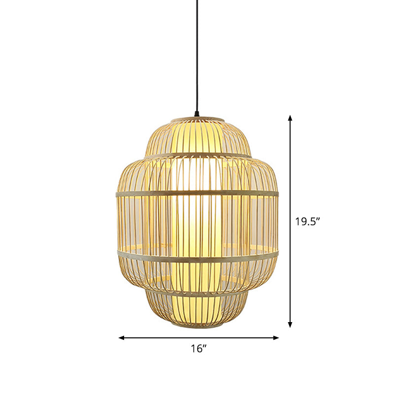 Asian Bamboo Lantern Pendant Light - 1-Light Beige Down Lighting for Dining Room - Available in 3 Sizes