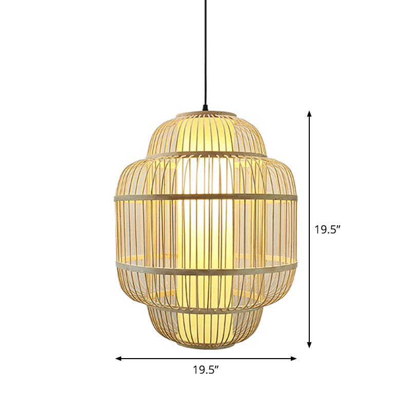 Asian Bamboo Lantern Pendant Light - 1-Light Beige Down Lighting for Dining Room - Available in 3 Sizes