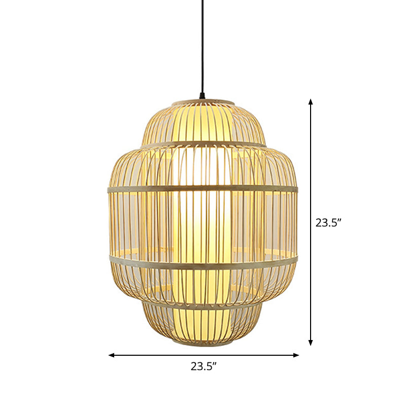 Asian Bamboo Lantern Pendant Light - 1-Light Beige Down Lighting for Dining Room - Available in 3 Sizes