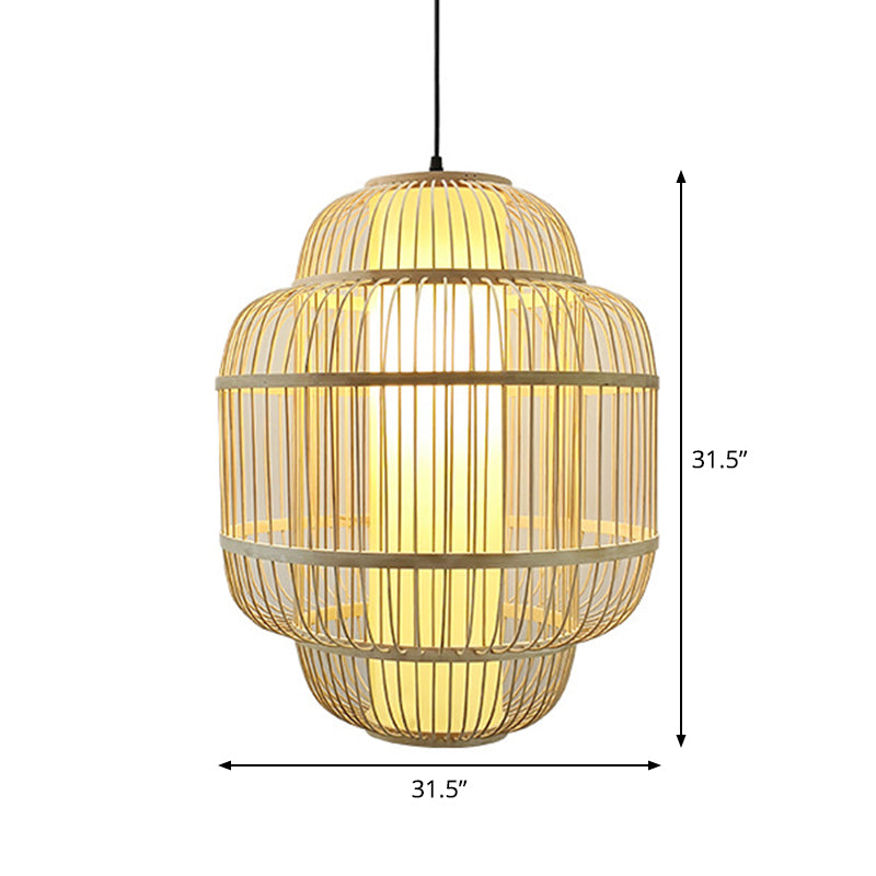 Asian Bamboo Lantern Pendant Light - 1-Light Beige Down Lighting for Dining Room - Available in 3 Sizes