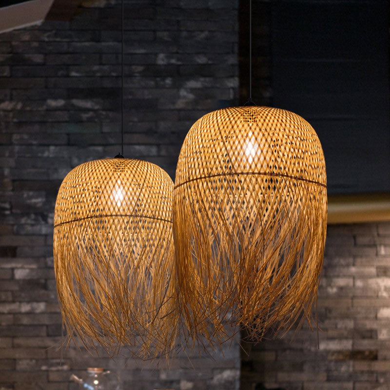 Rustic Rattan Fringe Pendant Light - Beige Single-Bulb Dining Room Hanging Lamp in 6"/10"/18" Width