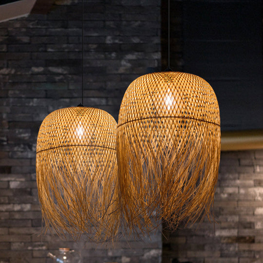 Rustic Rattan Fringe Pendant Light - Beige Single-Bulb Dining Room Hanging Lamp in 6"/10"/18" Width