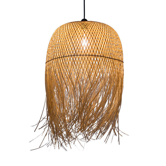 Rustic Rattan Fringe Pendant Light - Beige Single-Bulb Dining Room Hanging Lamp in 6"/10"/18" Width