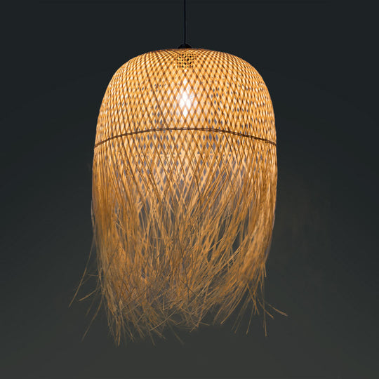 Rustic Rattan Fringe Pendant Light - Beige Single-Bulb Dining Room Hanging Lamp in 6"/10"/18" Width