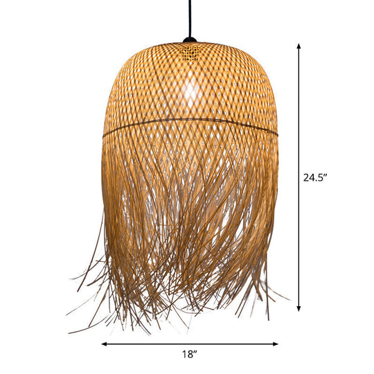 Rustic Rattan Fringe Pendant Light - Beige Single-Bulb Dining Room Hanging Lamp in 6"/10"/18" Width