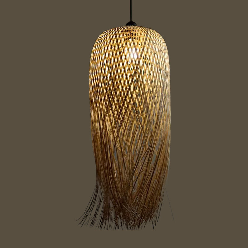 Rustic Rattan Fringe Pendant Light - Beige Single-Bulb Dining Room Hanging Lamp in 6"/10"/18" Width