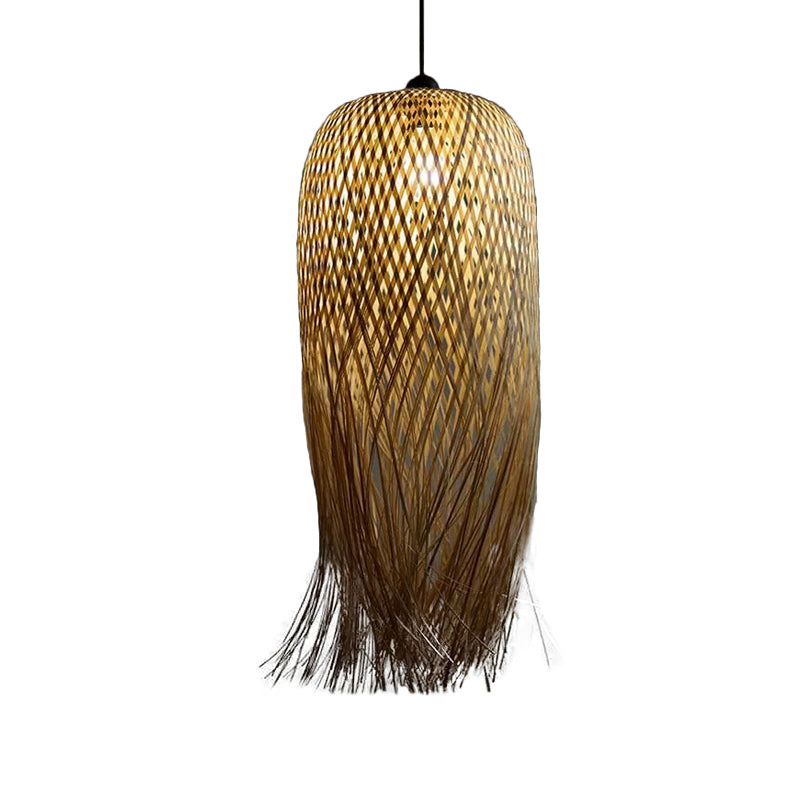 Rustic Rattan Fringe Pendant Light - Beige Single-Bulb Dining Room Hanging Lamp in 6"/10"/18" Width