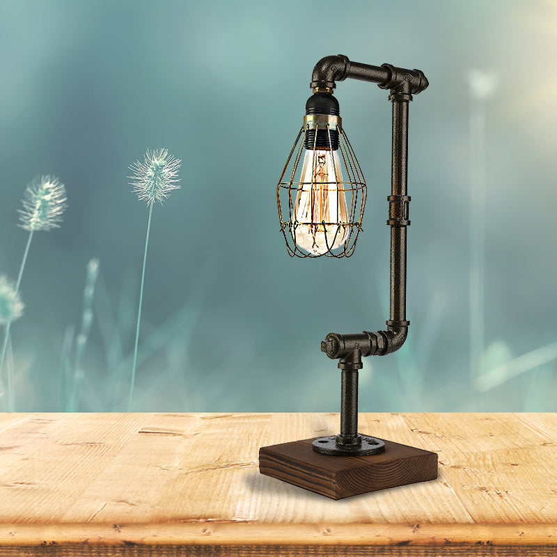 Industrial Wire Cage Table Lamp With Pipe Design - 1 Light Metal And Wood In Black