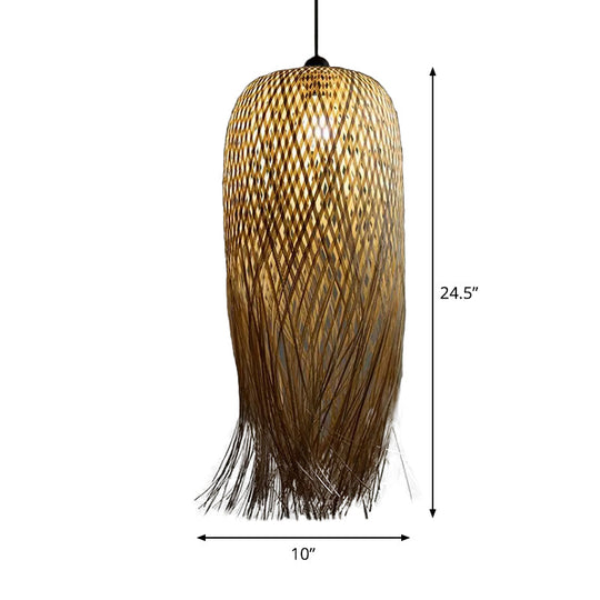 Rustic Rattan Fringe Pendant Light - Beige Single-Bulb Dining Room Hanging Lamp in 6"/10"/18" Width