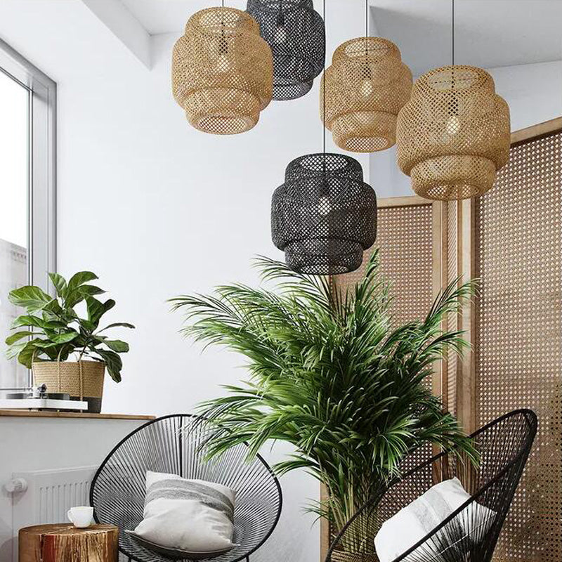 Criss-Cross Woven Bamboo Lantern Pendant Asian Style Hanging Light in Black/Beige, 15"/19.5" W