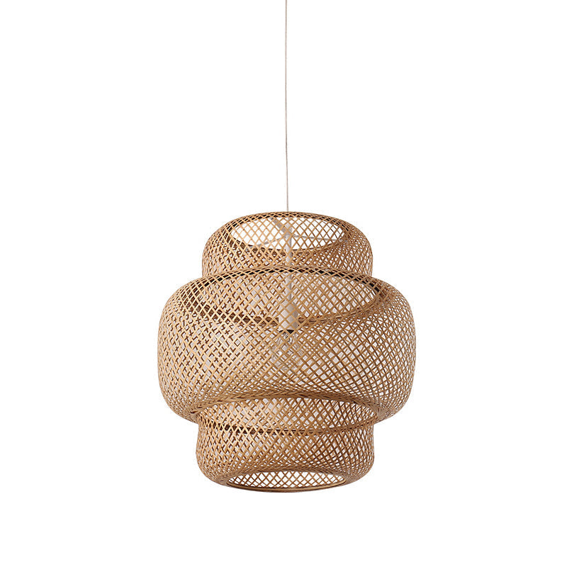 Criss-Cross Woven Bamboo Lantern Pendant Asian Style Hanging Light in Black/Beige, 15"/19.5" W