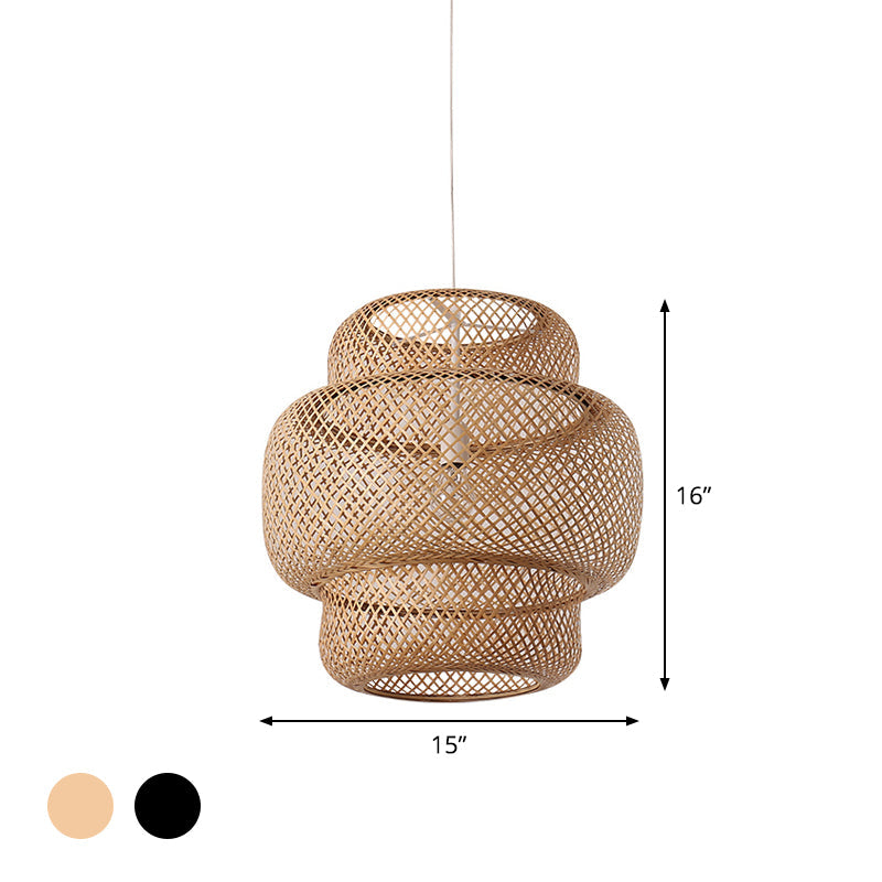 Criss-Cross Woven Bamboo Lantern Pendant Asian Style Hanging Light in Black/Beige, 15"/19.5" W