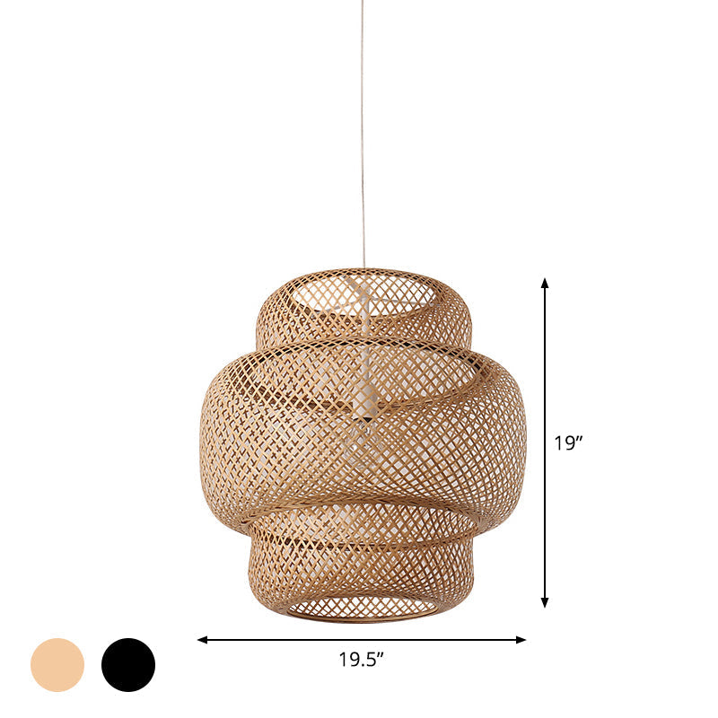 Criss-Cross Woven Bamboo Lantern Pendant Asian Style Hanging Light in Black/Beige, 15"/19.5" W