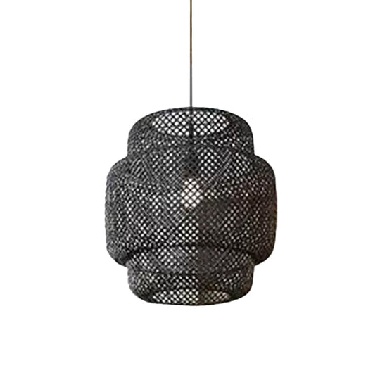 Criss-Cross Woven Bamboo Lantern Pendant Asian Style Hanging Light in Black/Beige, 15"/19.5" W