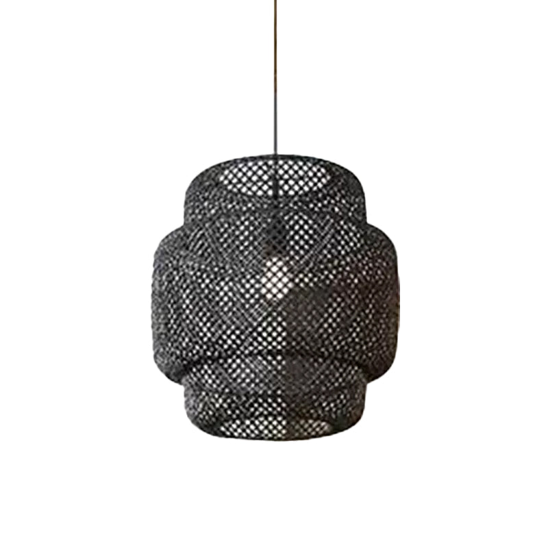 Criss-Cross Woven Lantern Pendant - Asian Style Bamboo Hanging Light 1 Bulb Black/Beige 15/19.5