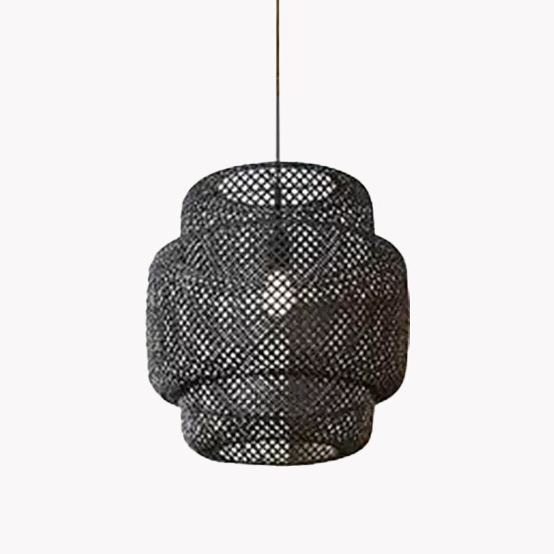 Criss-Cross Woven Bamboo Lantern Pendant Asian Style Hanging Light in Black/Beige, 15"/19.5" W