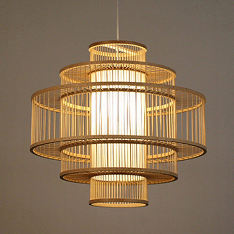 Bamboo 3-Shade Hanging Light: Asian Ceiling Pendant (1 Head) In Beige Available 16/23.5/31.5 Width