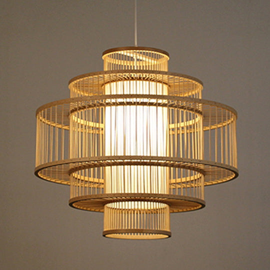 Bamboo 3-Shade Hanging Light: Asian Ceiling Pendant (1 Head) In Beige Available 16/23.5/31.5 Width