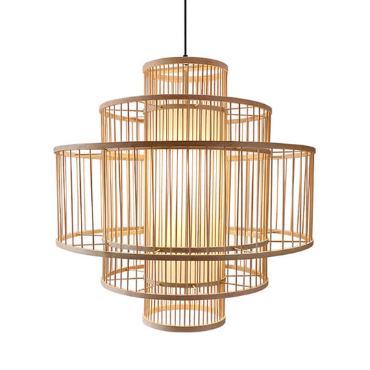 Single-Head Asian Bamboo Hanging Light for Restaurants - 3 Shades, 16-31.5 Inches Wide, Beige