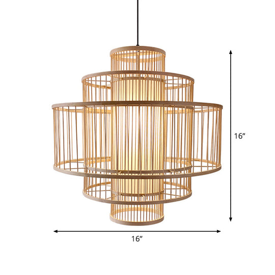 Single-Head Asian Bamboo Hanging Light for Restaurants - 3 Shades, 16-31.5 Inches Wide, Beige