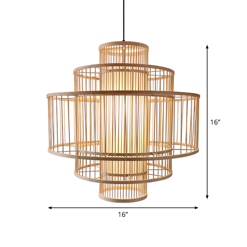 Bamboo 3-Shade Hanging Light: Asian Ceiling Pendant (1 Head) In Beige Available 16/23.5/31.5 Width